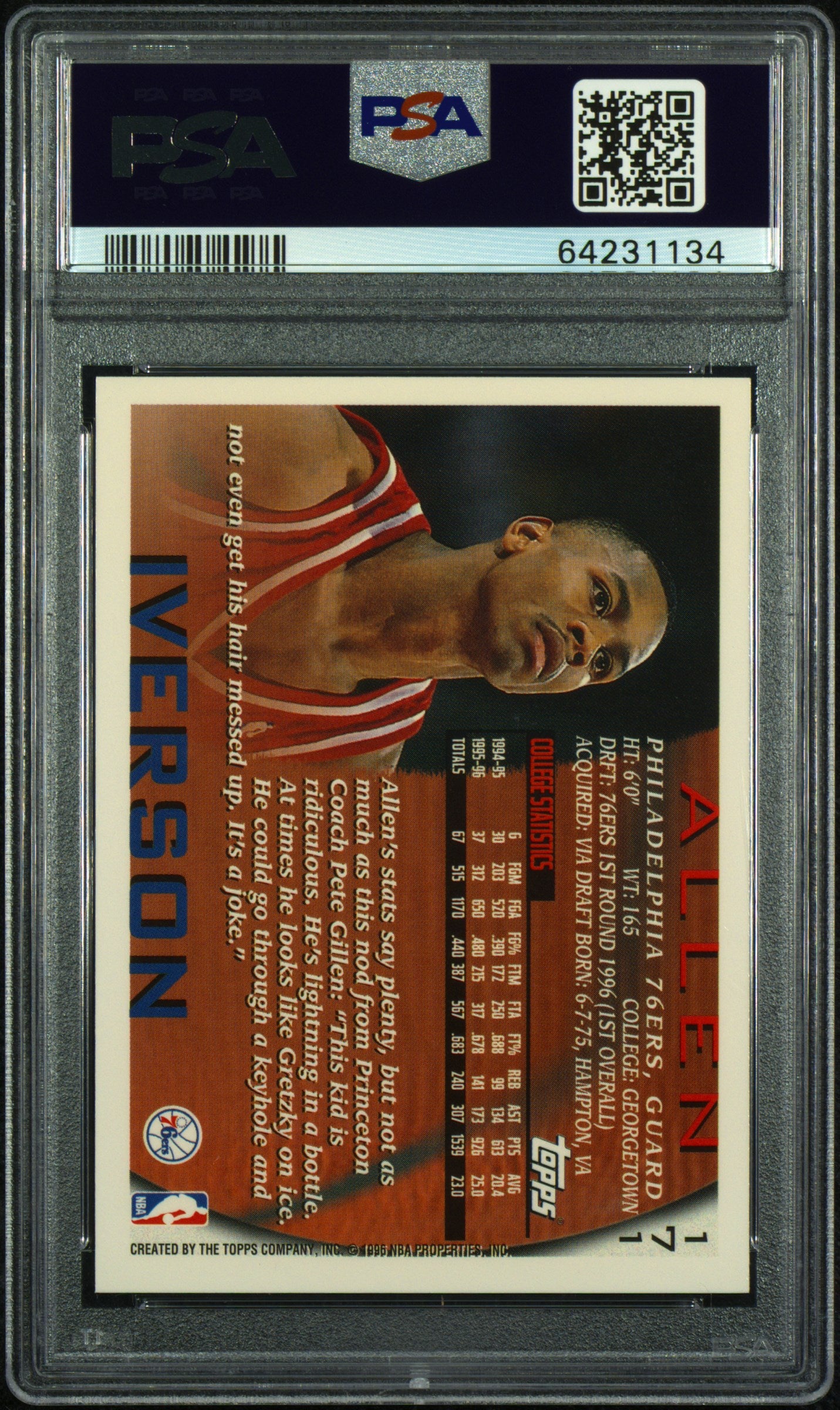 1996 Topps #171 Allen Iverson PSA 9
