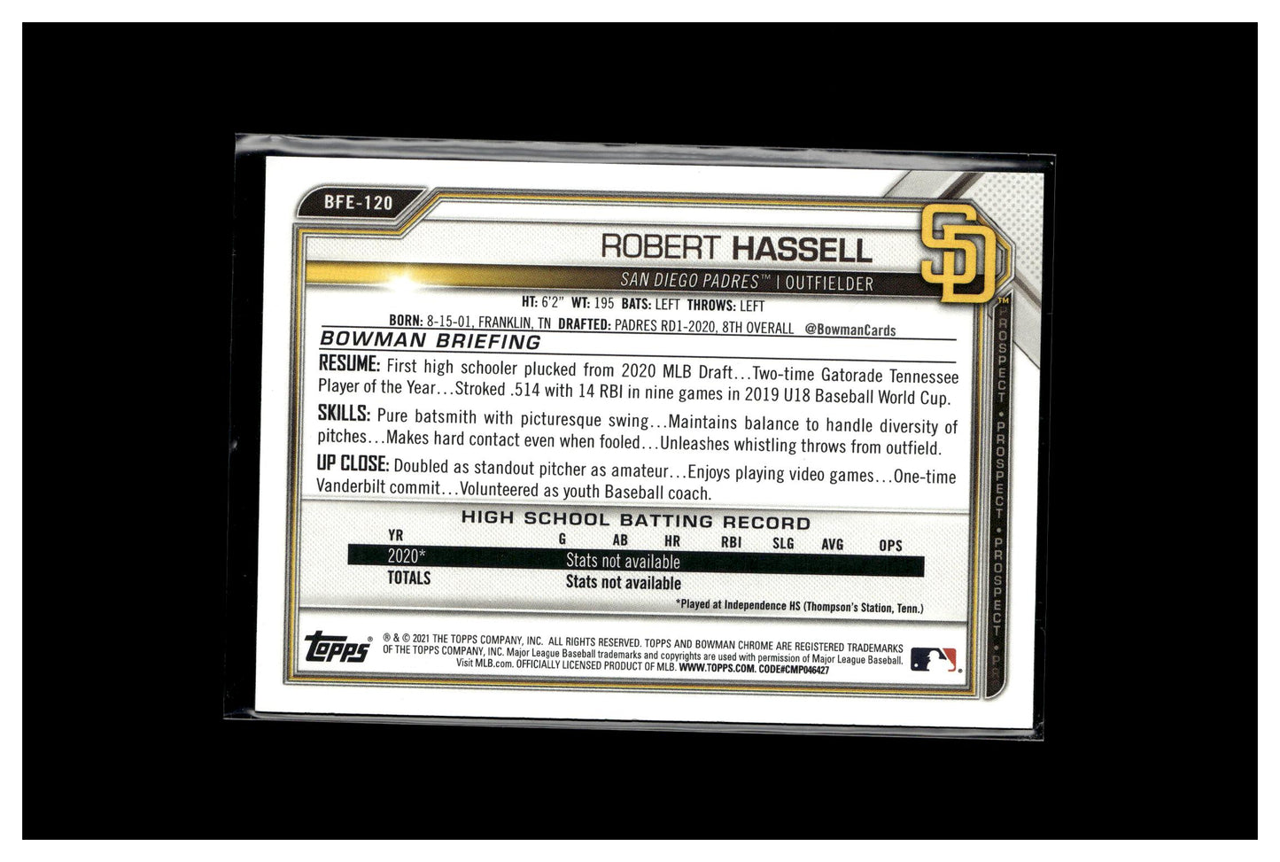 2021 Bowman 1st Edition #BFE-120 Robert Hassell Rainbow Foil #1/1