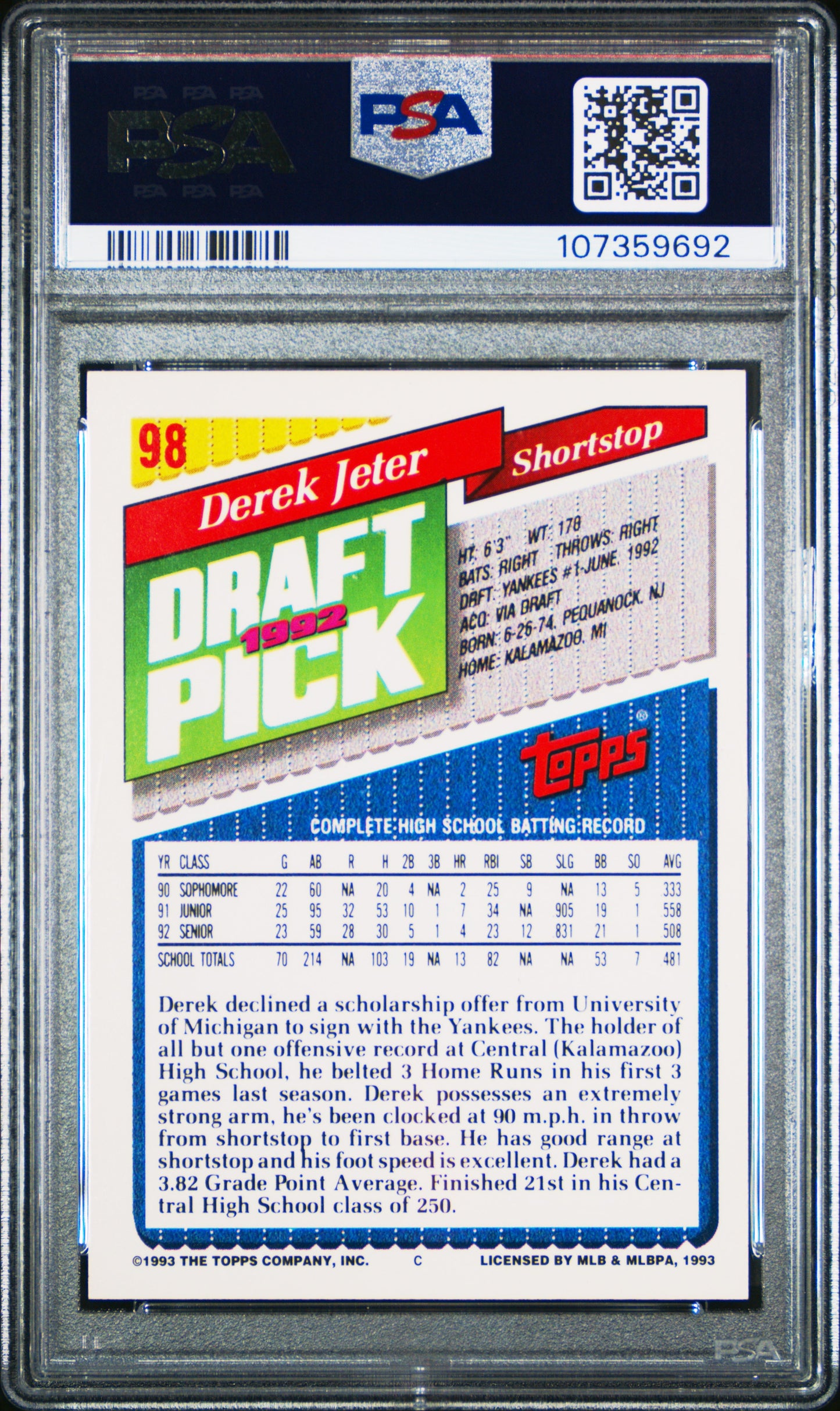 1993 Topps Gold #98 Derek Jeter PSA 9