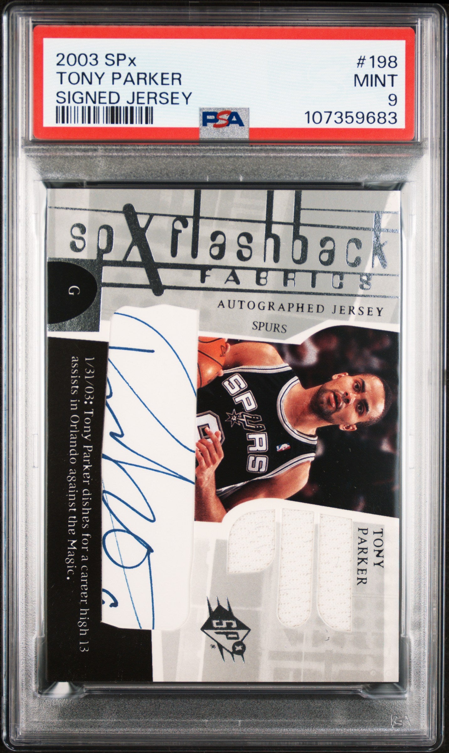 2003 Spx #198 Tony Parker Signed Jersey PSA 9