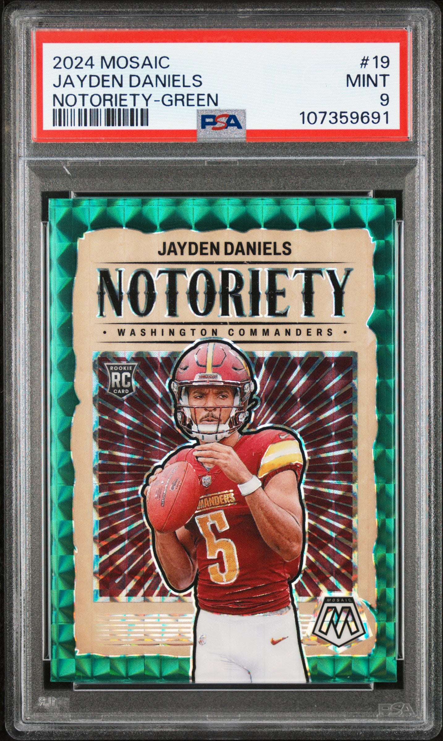 2024 Panini Mosaic Notoriety #19 Jayden Daniels Notoriety-Green PSA 9