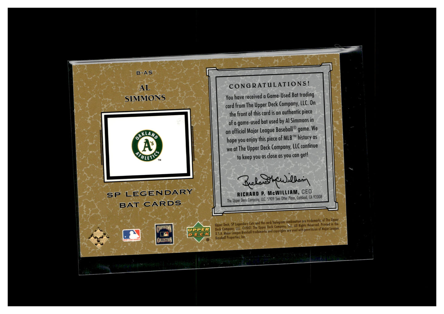 2001 SP Legendary Cuts #B-AS Al Simmons Game Bat