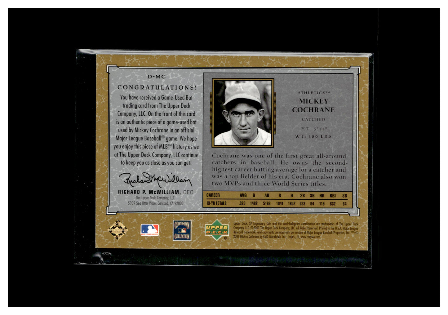 2001 SP Legendary Cuts #D-MC Mickey Cochrane Debut Game Bat
