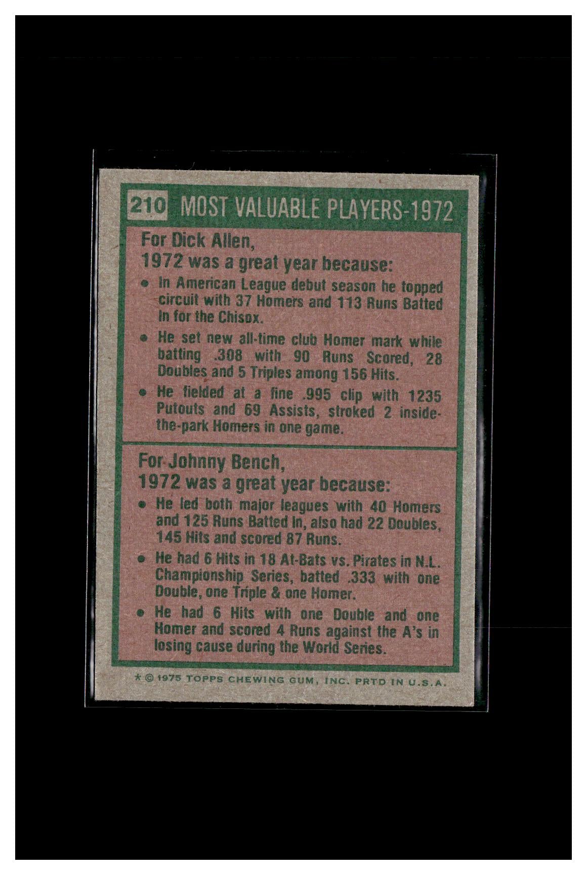 1975 Topps #210 1972 MVPs (Rich Allen / Johnny Bench)