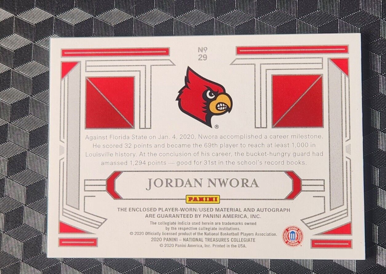 # 1/1 Jordan Nwora RPA ROOKIE RC PATCH AUTO 2020 National Treasures LOUISVILLE