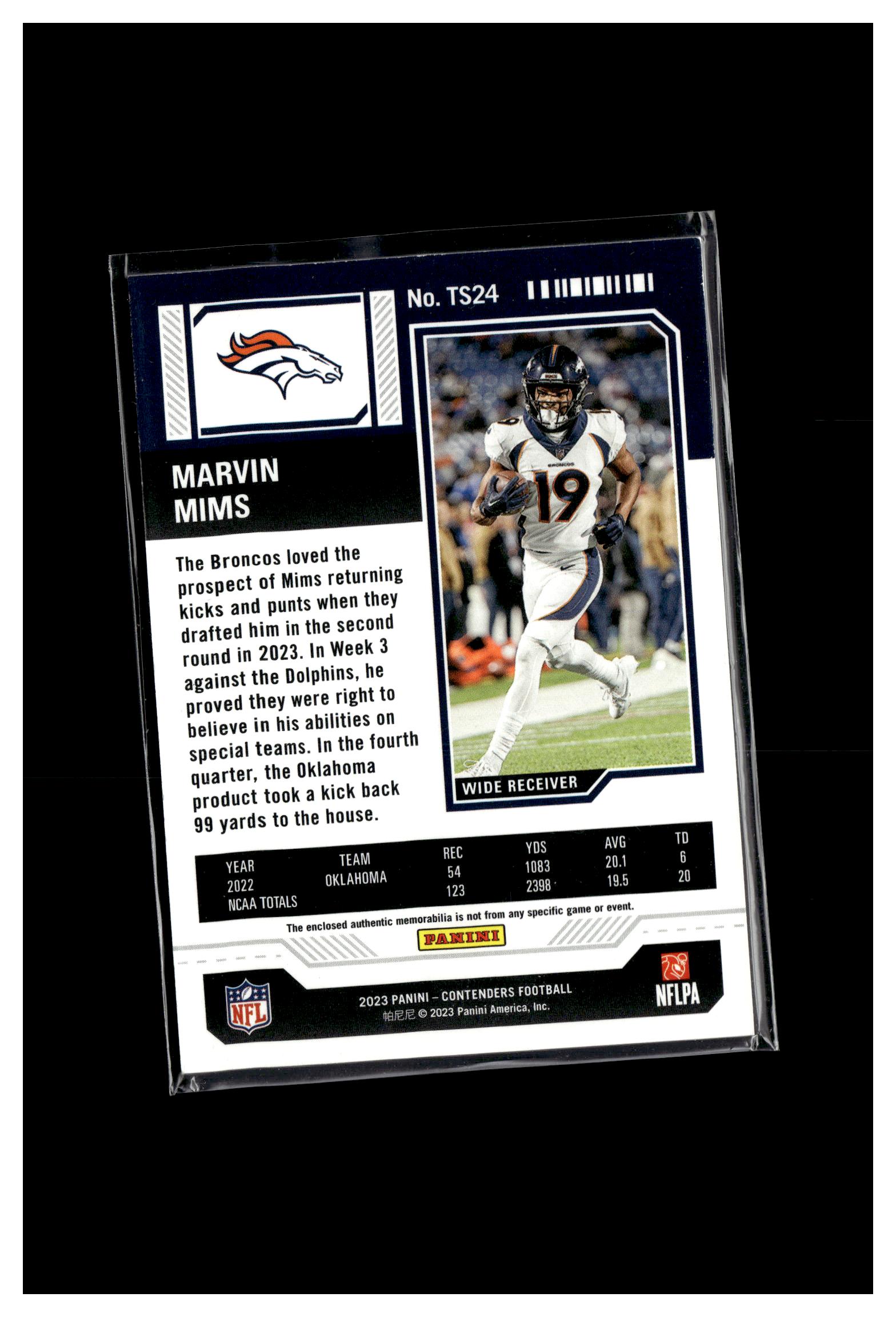 2023 Panini Contenders #TS24 Marvin Mims Rookie Ticket Swatches