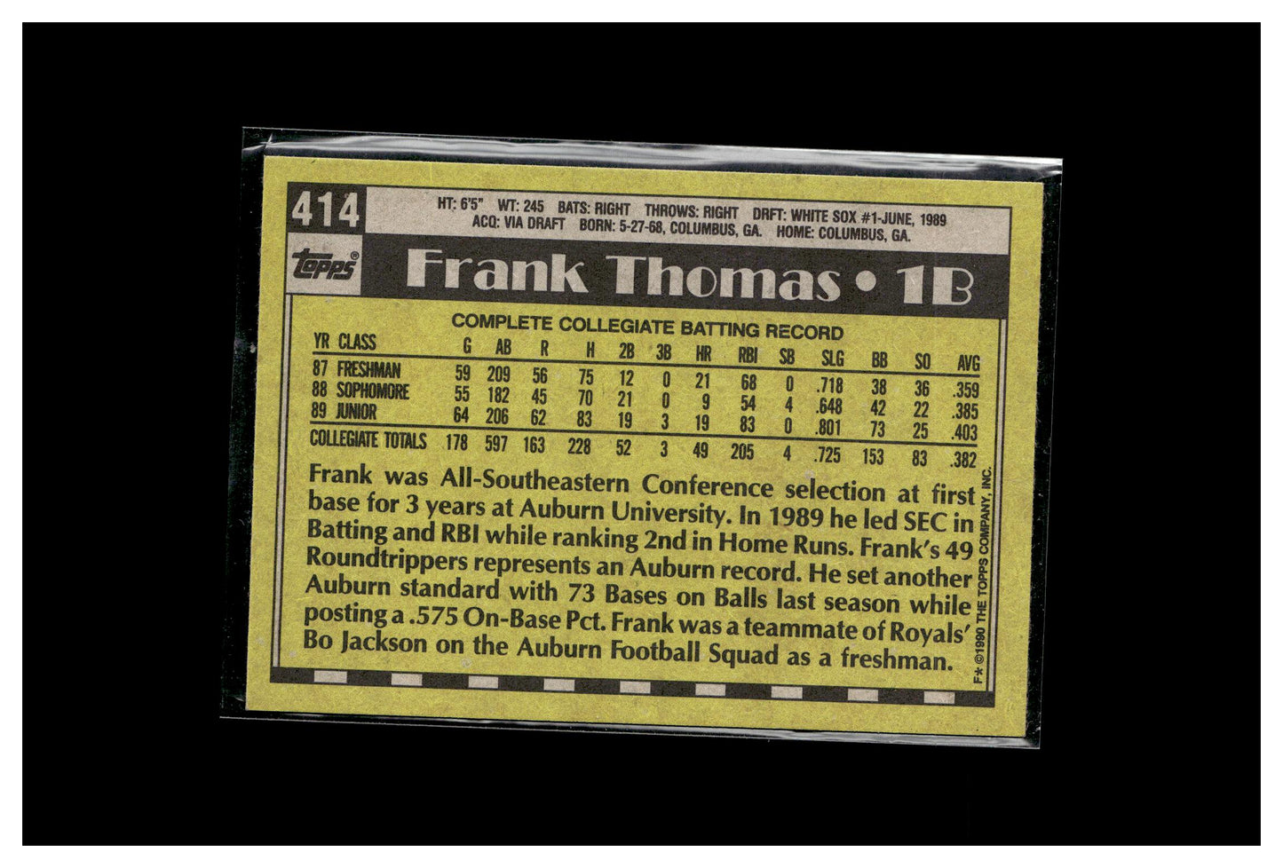 1990 Topps #414a Frank Thomas Rookie