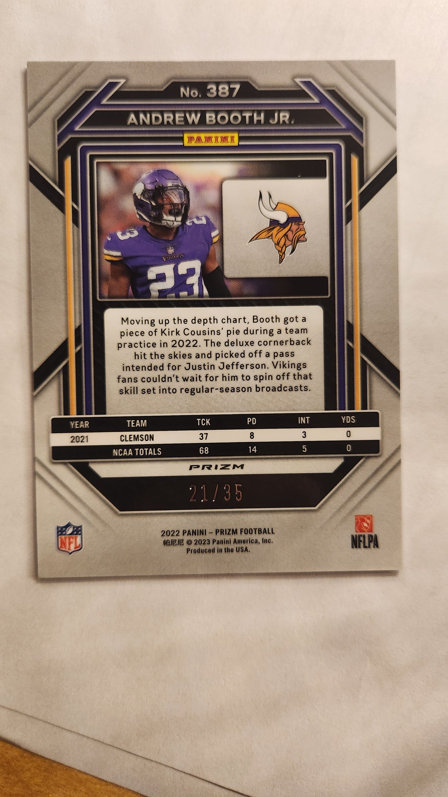 2022 Prizm Andrew Booth Jr Rookie Purple Disco #’d 33/35 Vikings