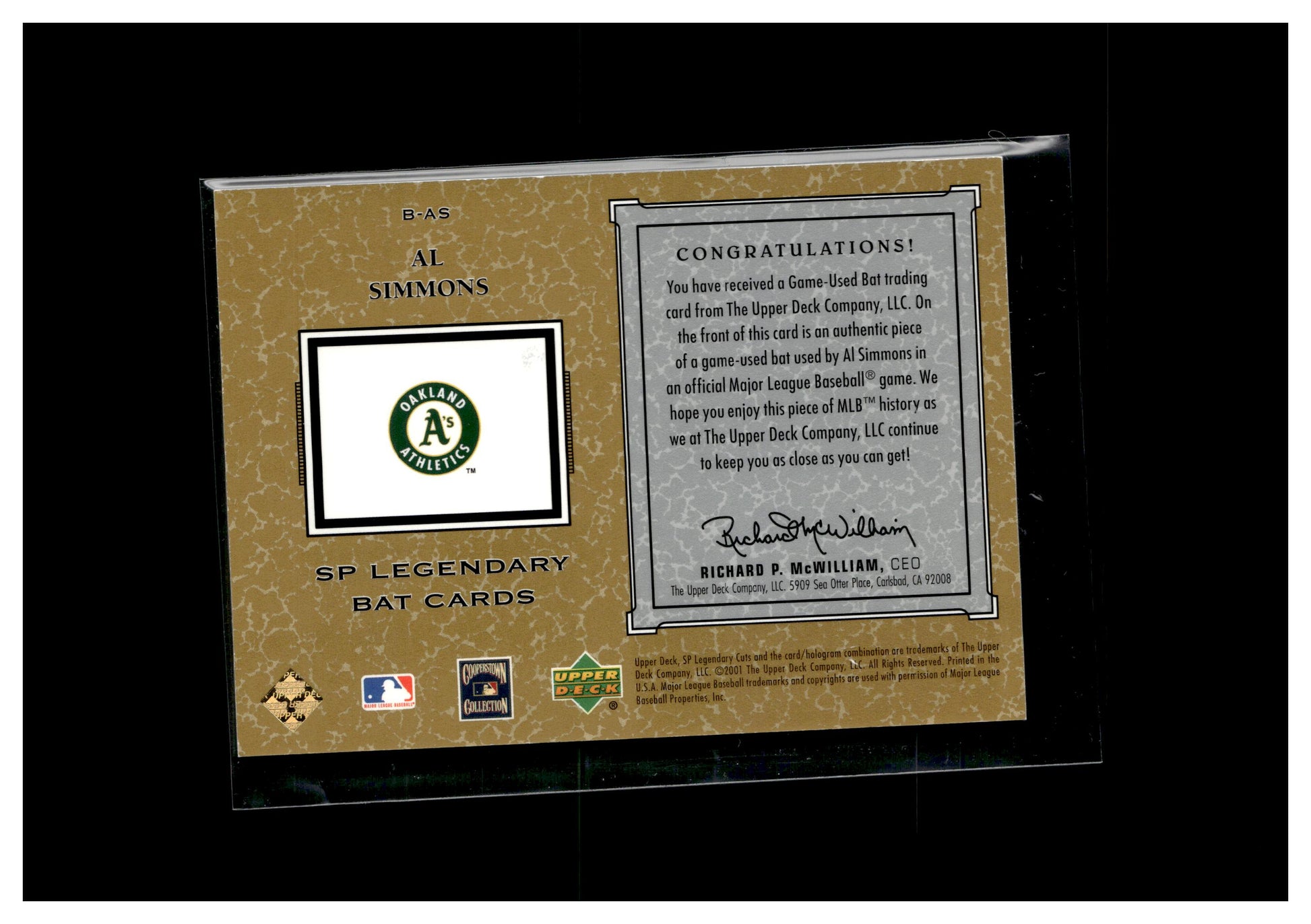 2001 SP Legendary Cuts #B-AS Al Simmons Game Bat