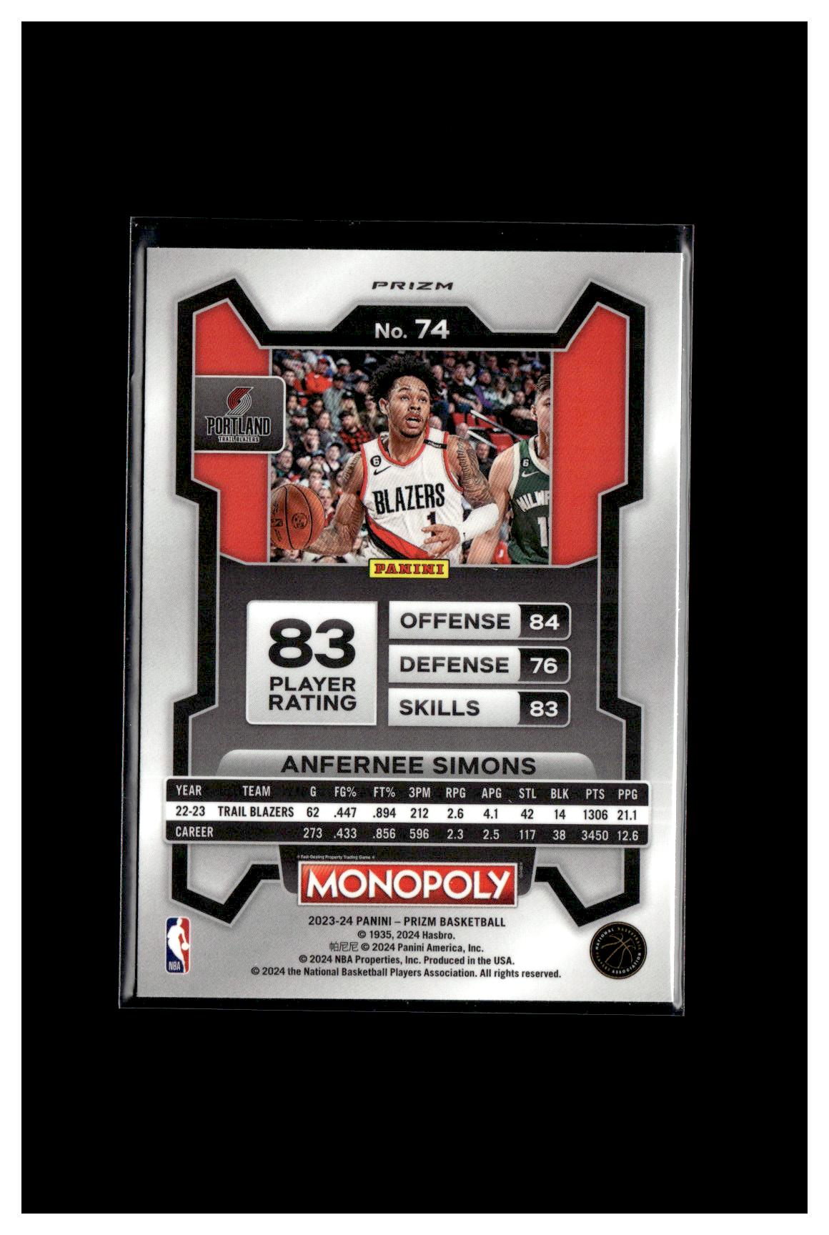 2023-24 Panini Prizm Monopoly #74 Anfernee Simons Purple