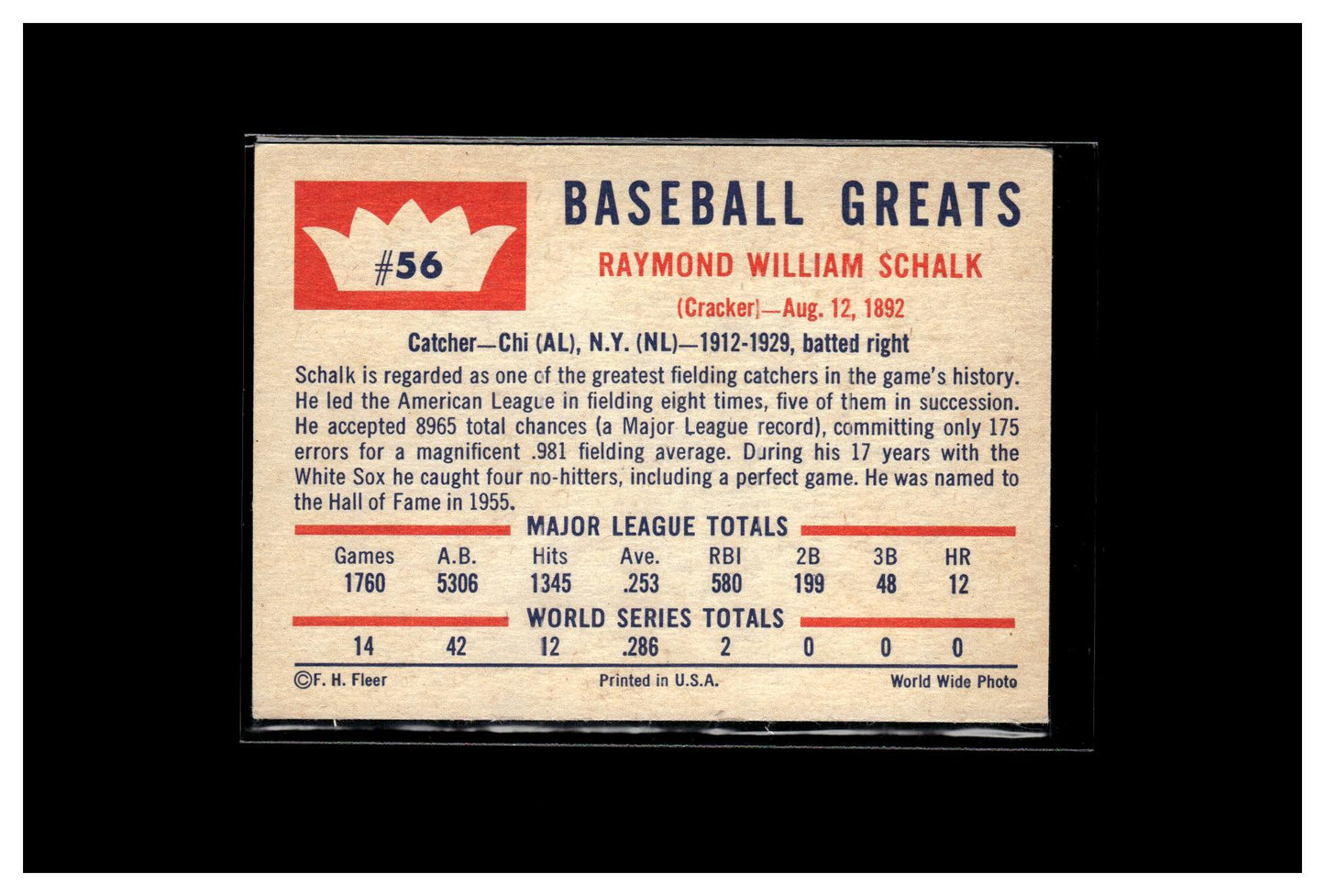 1960 Fleer Baseball Greats #56 Ray Schalk