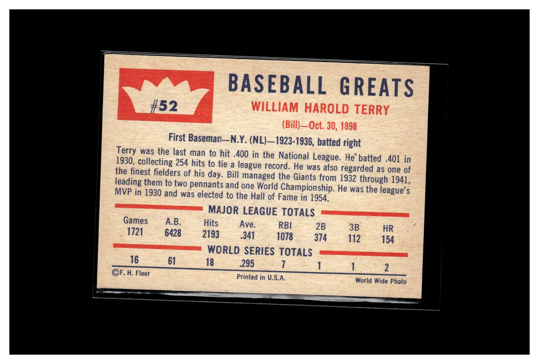 1960 Fleer Baseball Greats #52 Bill Terry