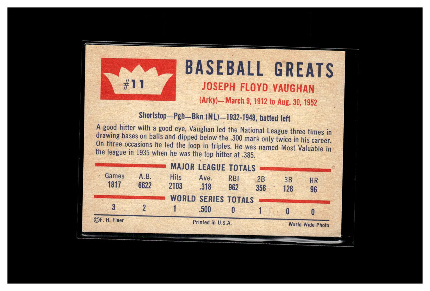 1960 Fleer Baseball Greats #11 Arky Vaughan