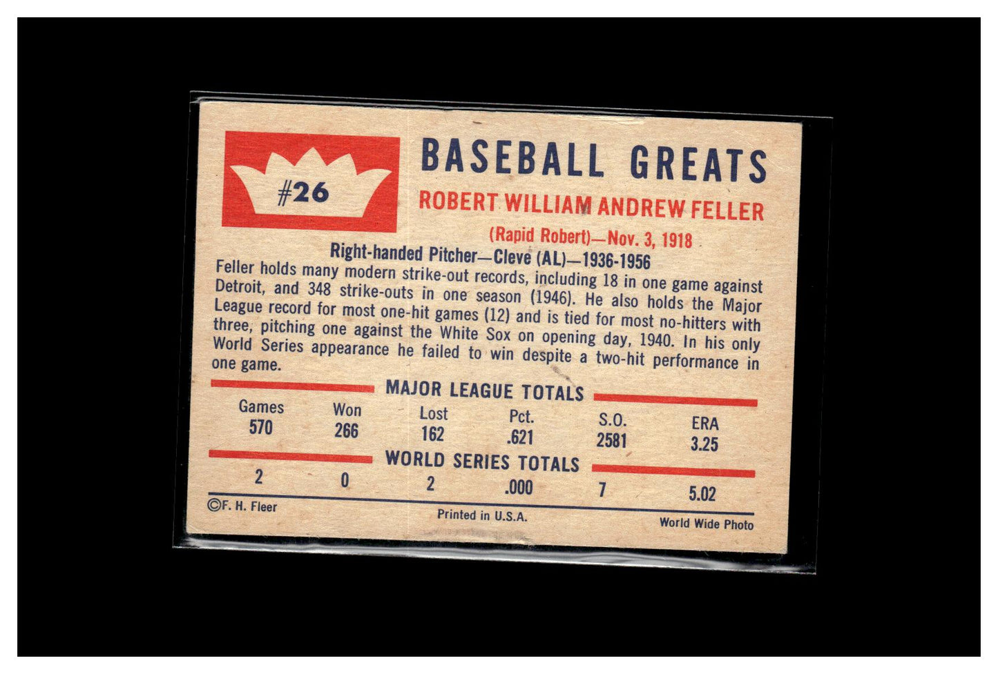 1960 Fleer Baseball Greats #26 Bob Feller