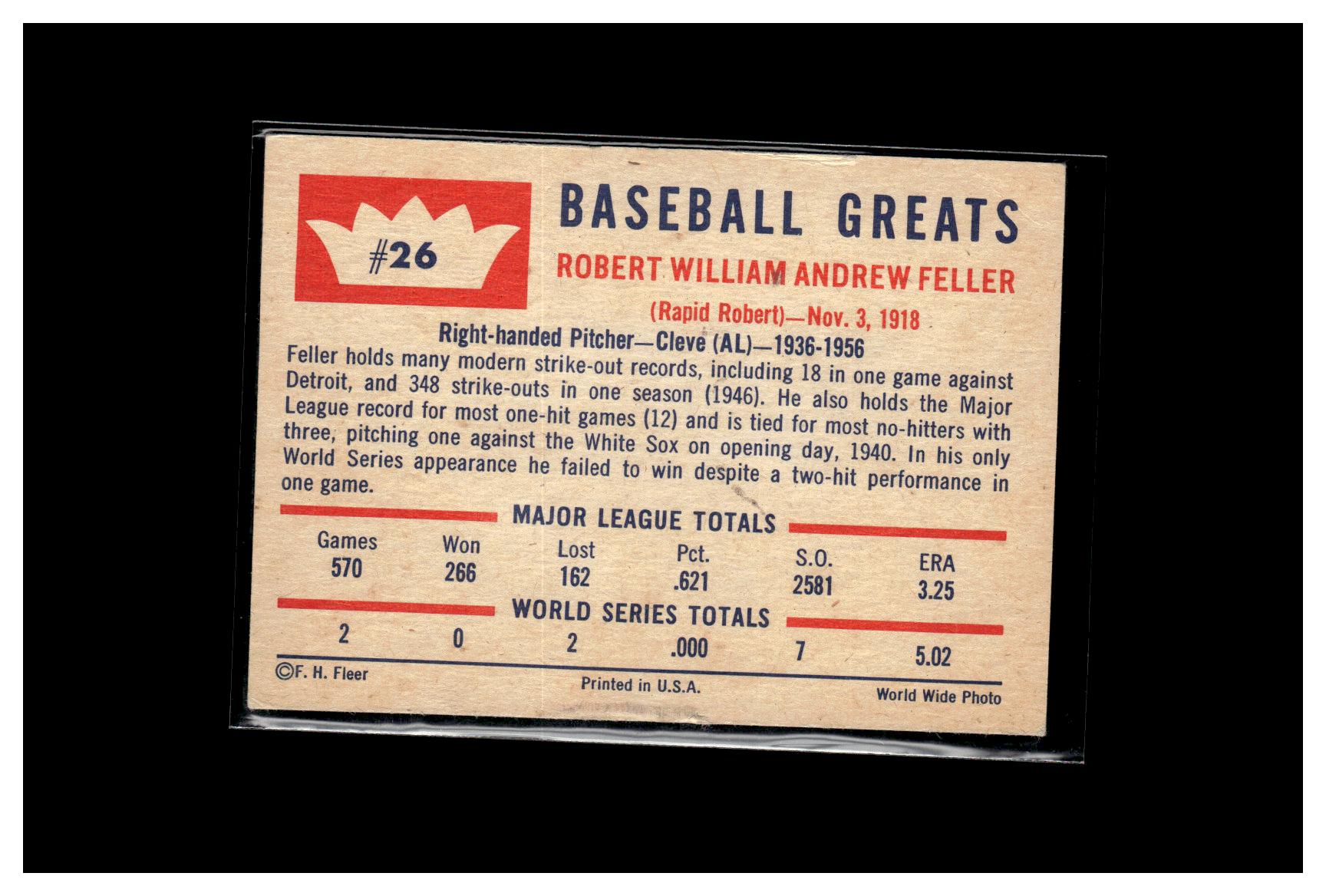 1960 Fleer Baseball Greats #26 Bob Feller