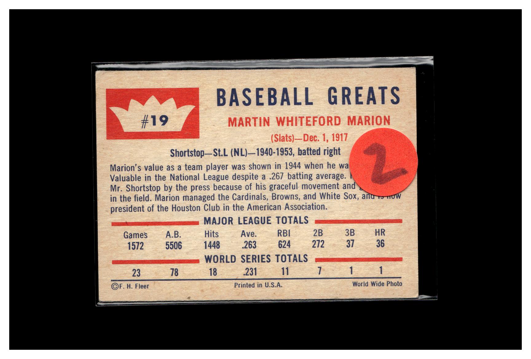 1960 Fleer Baseball Greats #19 Marty Marion 2