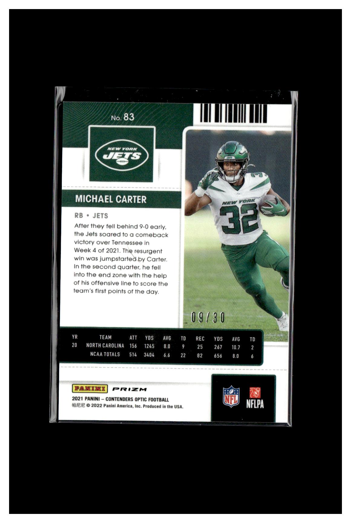 2021 Panini Contenders Optic #83 Michael Carter Green Pulsar #/30