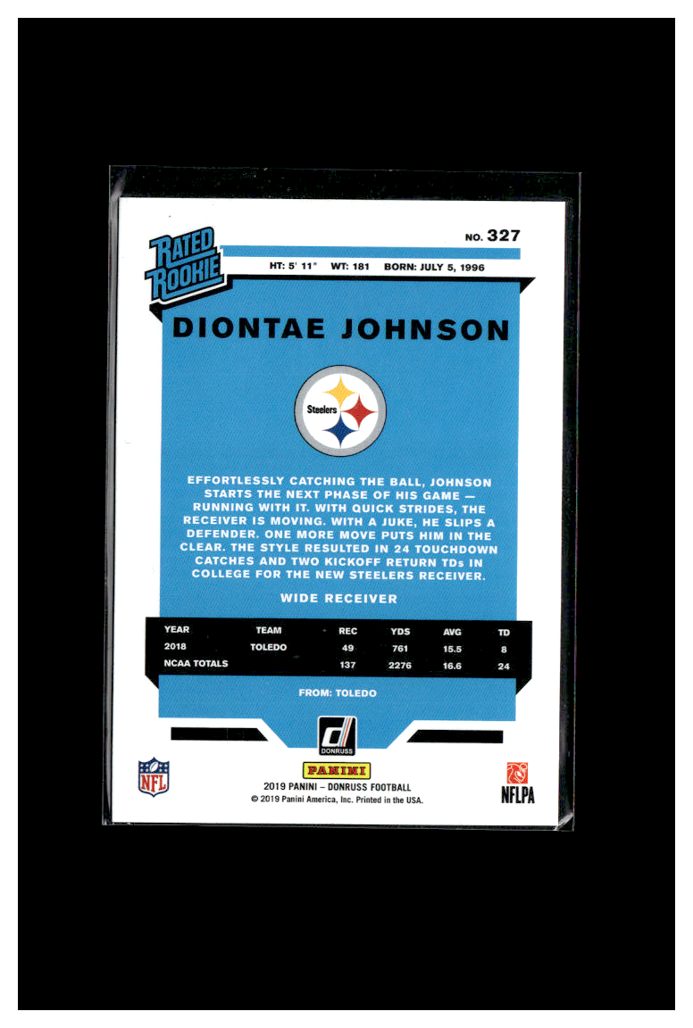 DIONTE JOHNSON RATED ROOKIE CARD 2019 Donruss #327 PITTSBURGH STEELERS