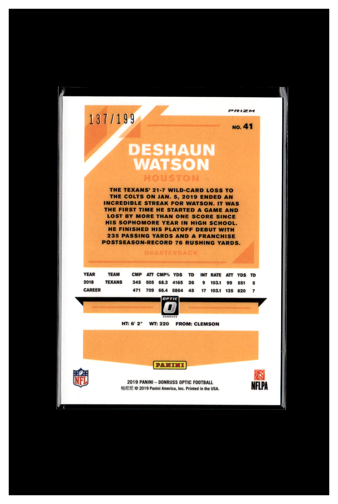 2019 Donruss Optic Orange Deshaun Watson /199 Texans #41