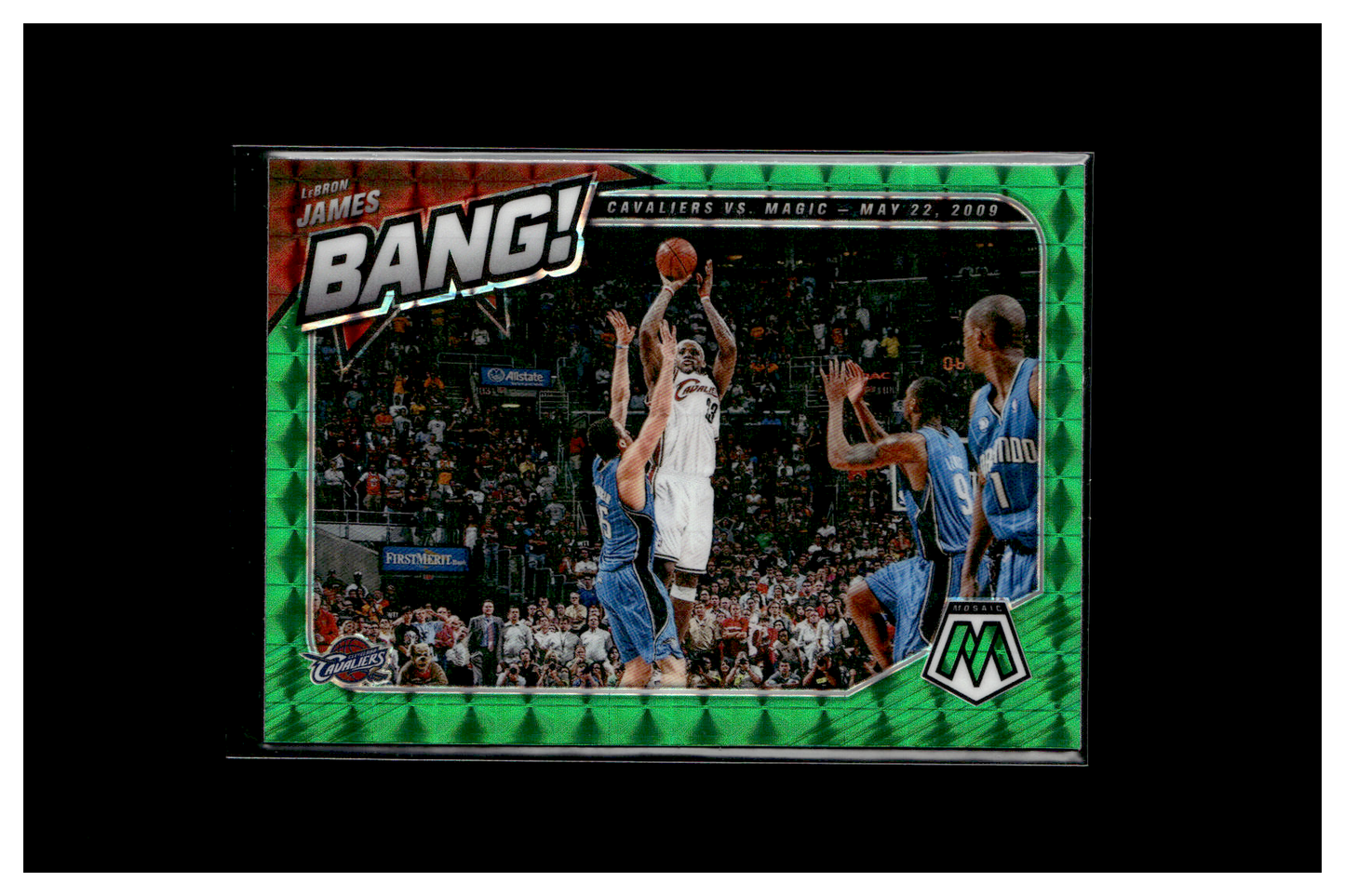 LeBron James 2020-21 Panini Mosaic Bang! Green Prizm Insert Card #11 Cleveland