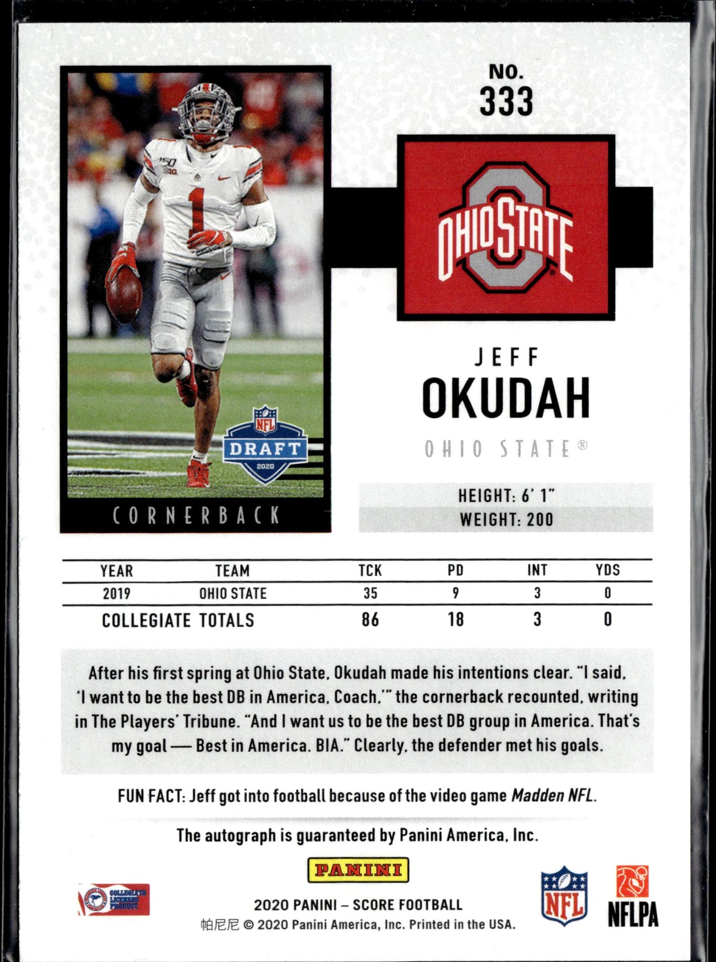 2020 Score #333 Jeff Okudah Signatures