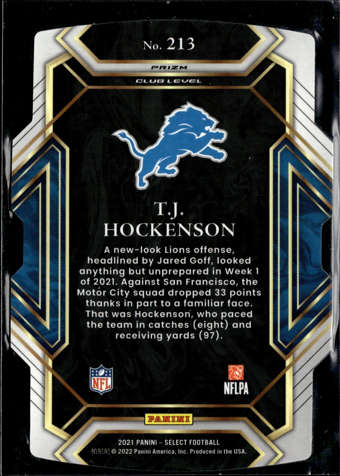 2021 Panini Select #213 T.J. Hockenson White Prizm Die Cut #/99