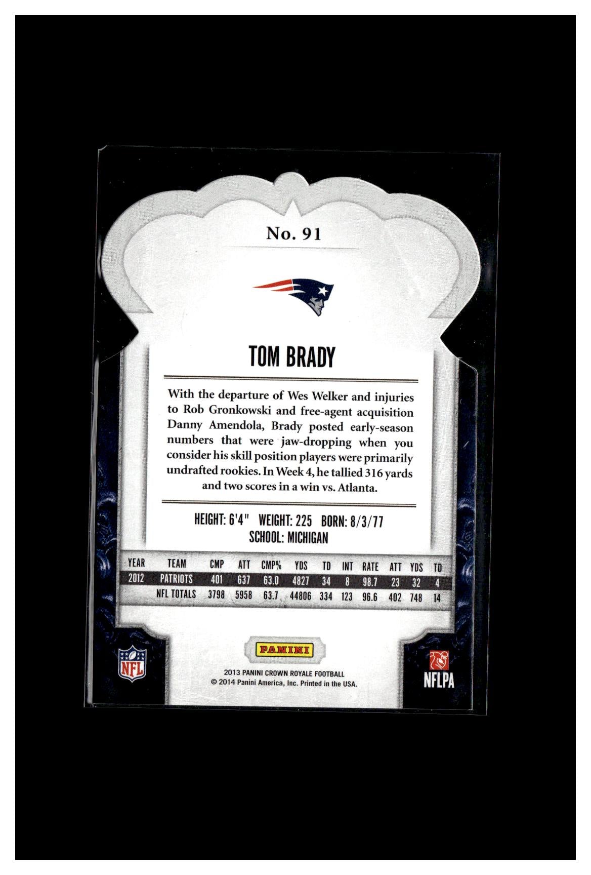 2013 Panini Crown Royale #91 Tom Brady Bronze Holo (Die Cut Crown) #/299