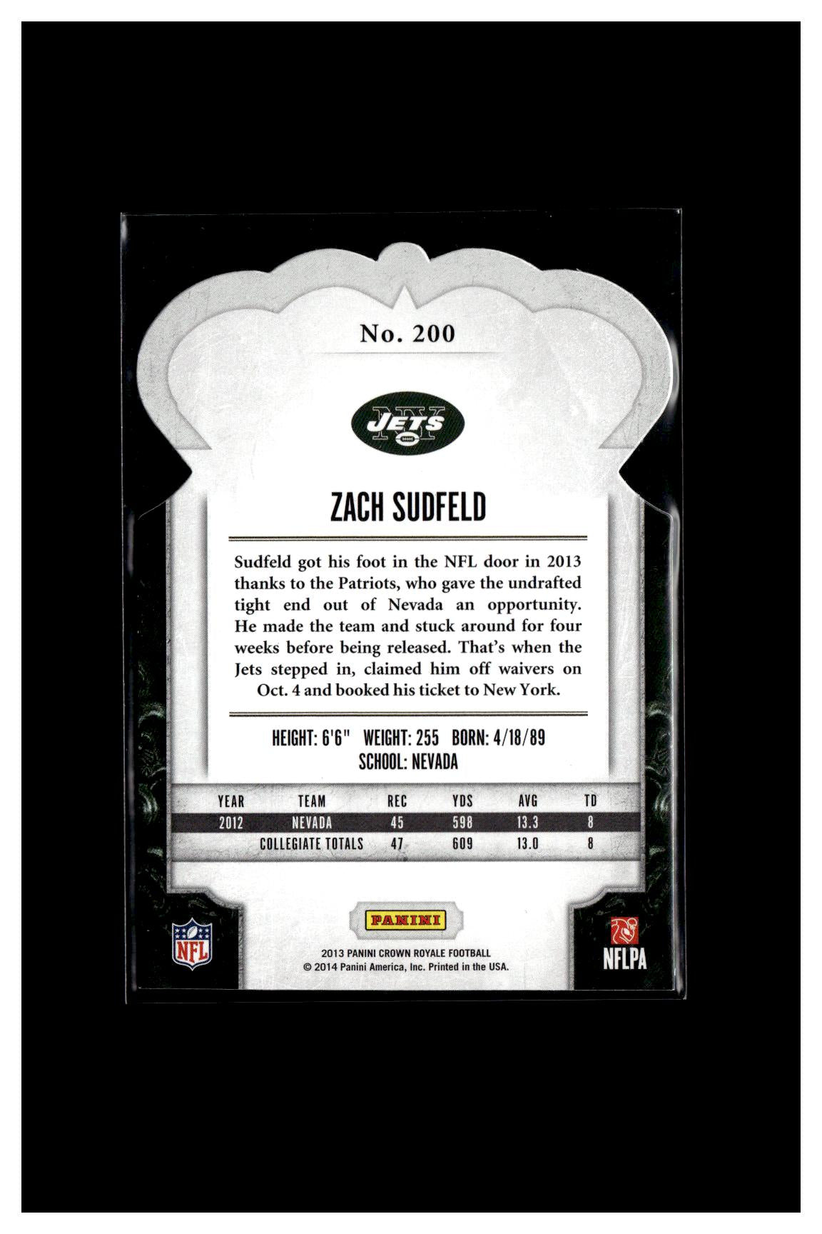 2013 Panini Crown Royale #200 Zach Sudfeld Red (Die Cut Crown) #/99