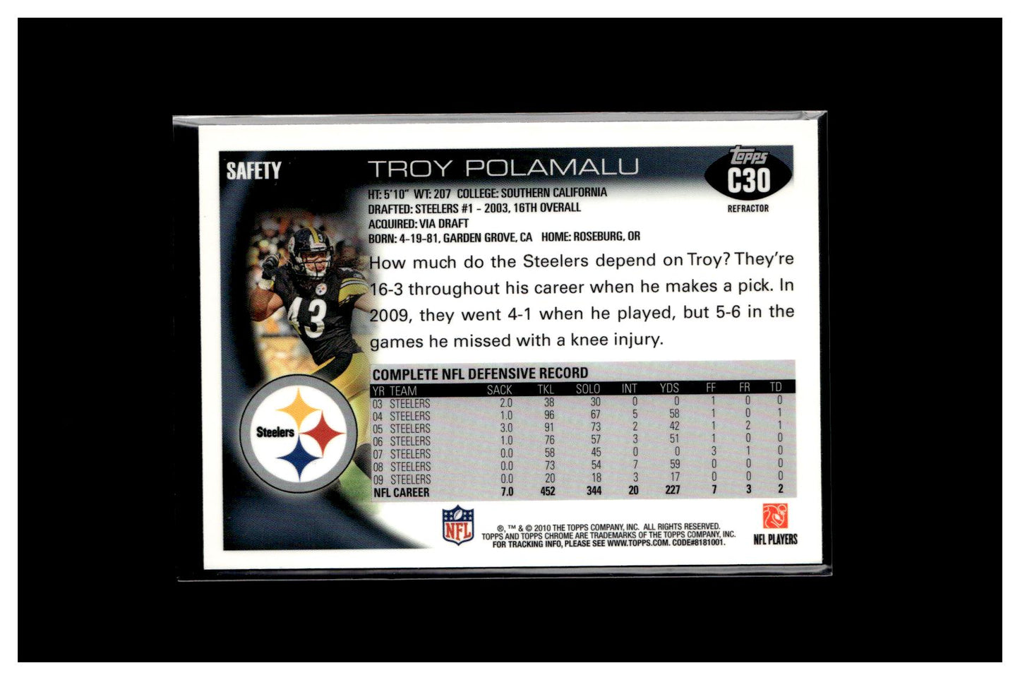 2010 Topps Chrome #C30 Troy Polamalu Refractors