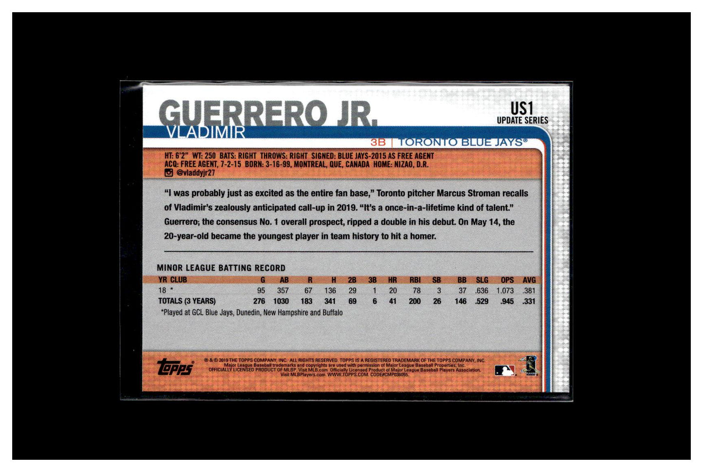 2019 Topps Update #US1 Vladimir Guerrero Jr.