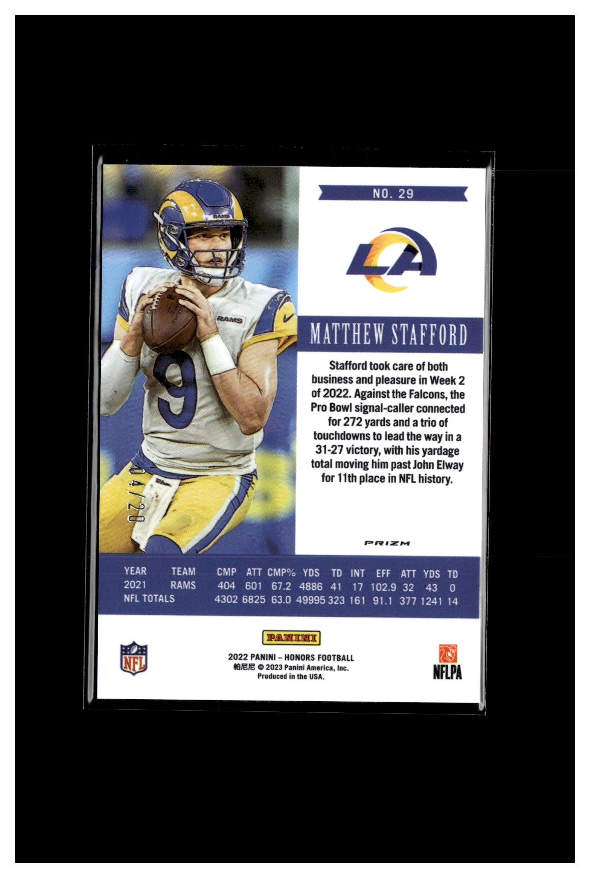 2022 Panini Honors #29 Matthew Stafford Orange #/20