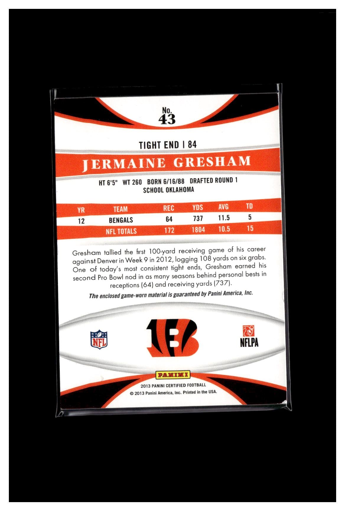 2013 Panini Certified #43 Jermaine Gresham Mirror Gold Materials #/49