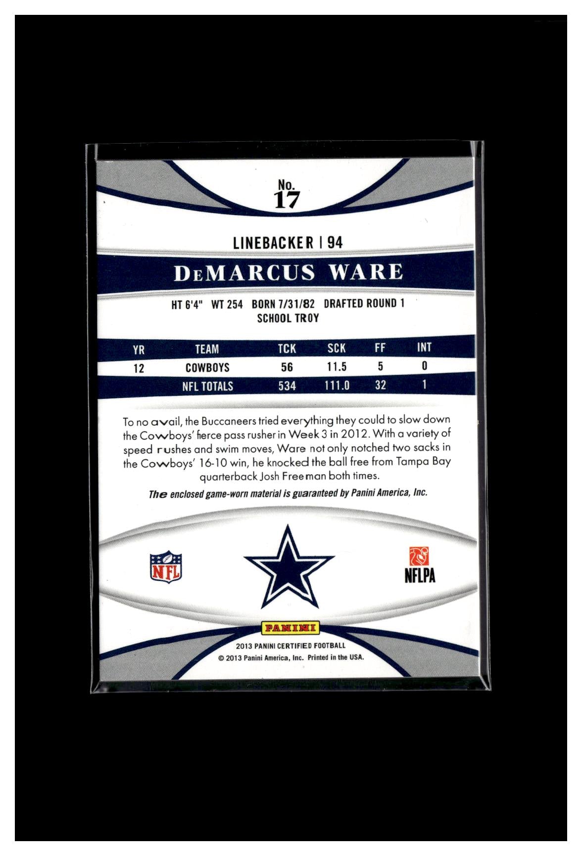 2013 Panini Certified #17 DeMarcus Ware Mirror Blue Materials #/99