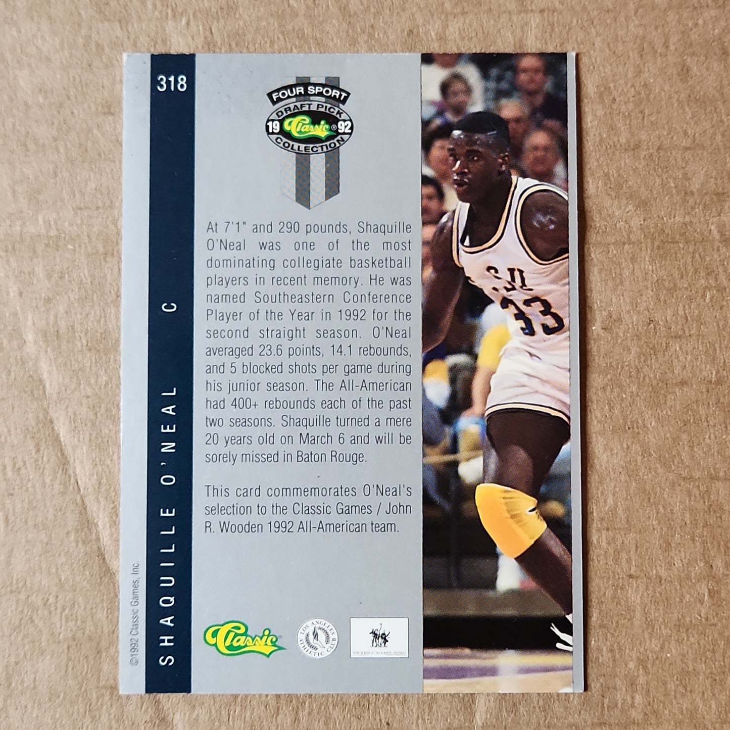 1992-93 Classic 4 Sport SHAQUILLE ONEAL RC Rookie Card 318