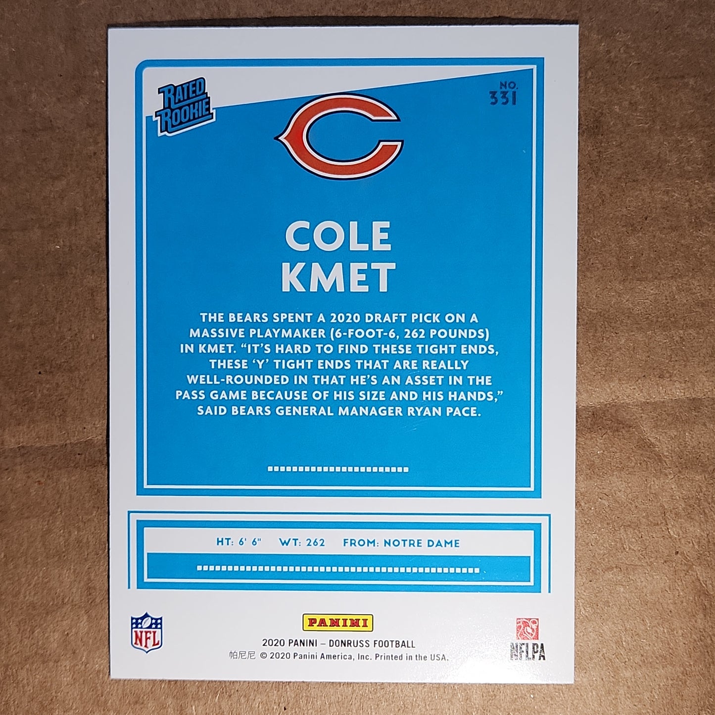 Cole Kmet Donruss Rated Rookie Press Proof Yellow