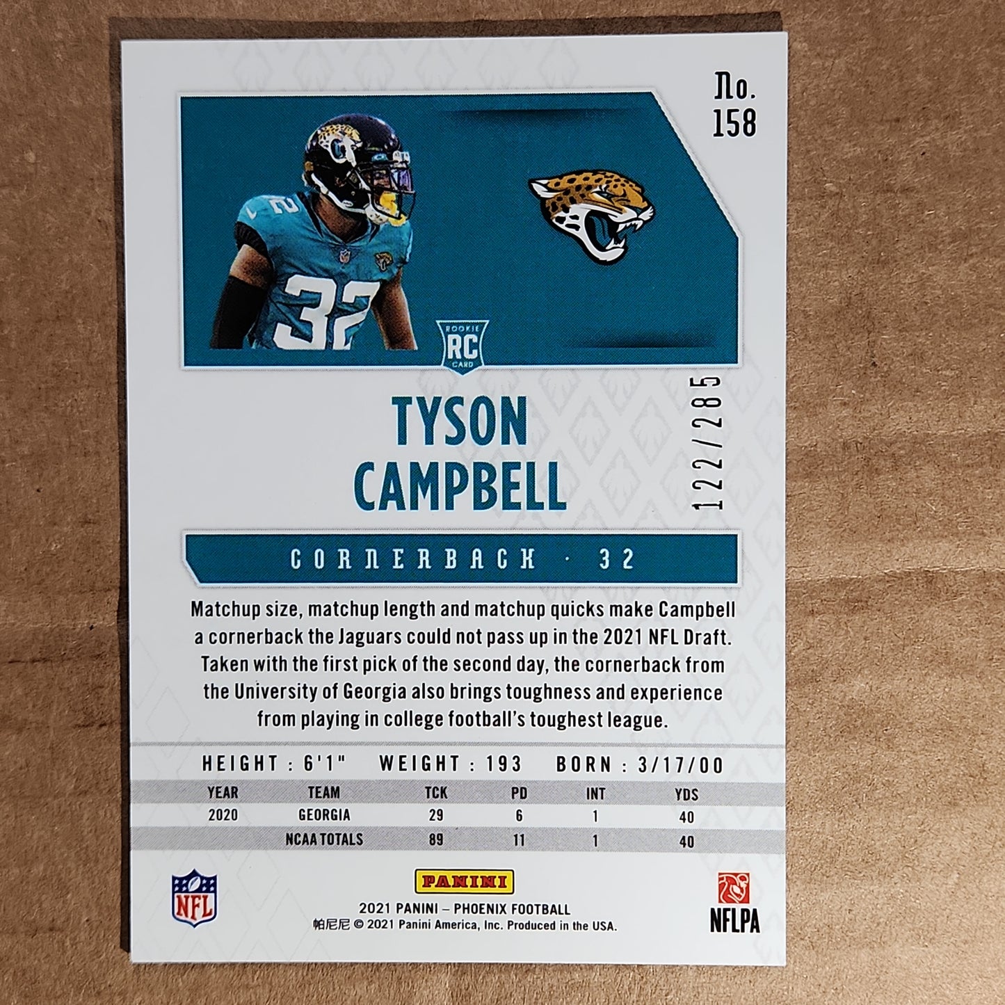 Tyson Campbell Phoenix Football RC #'d 122/285