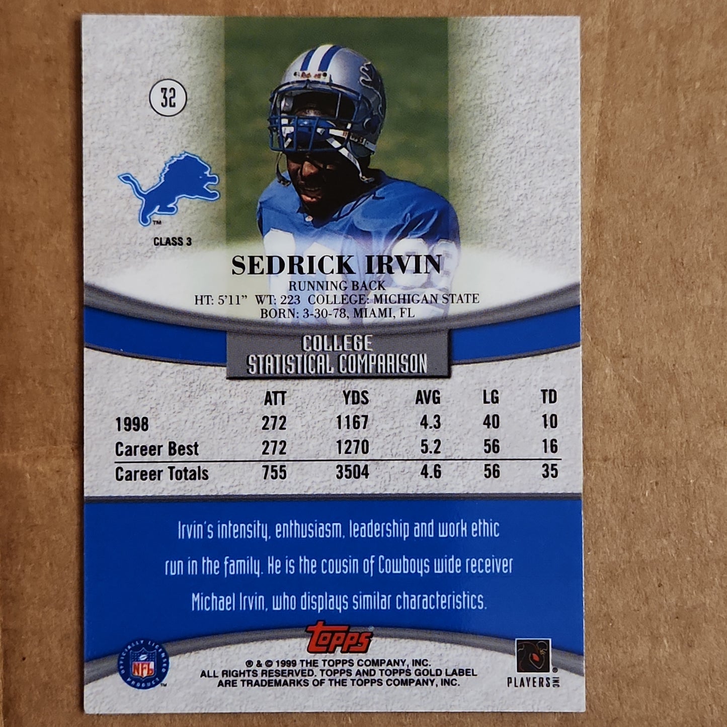 1999 Sedrick Irvin Topps Gold Label