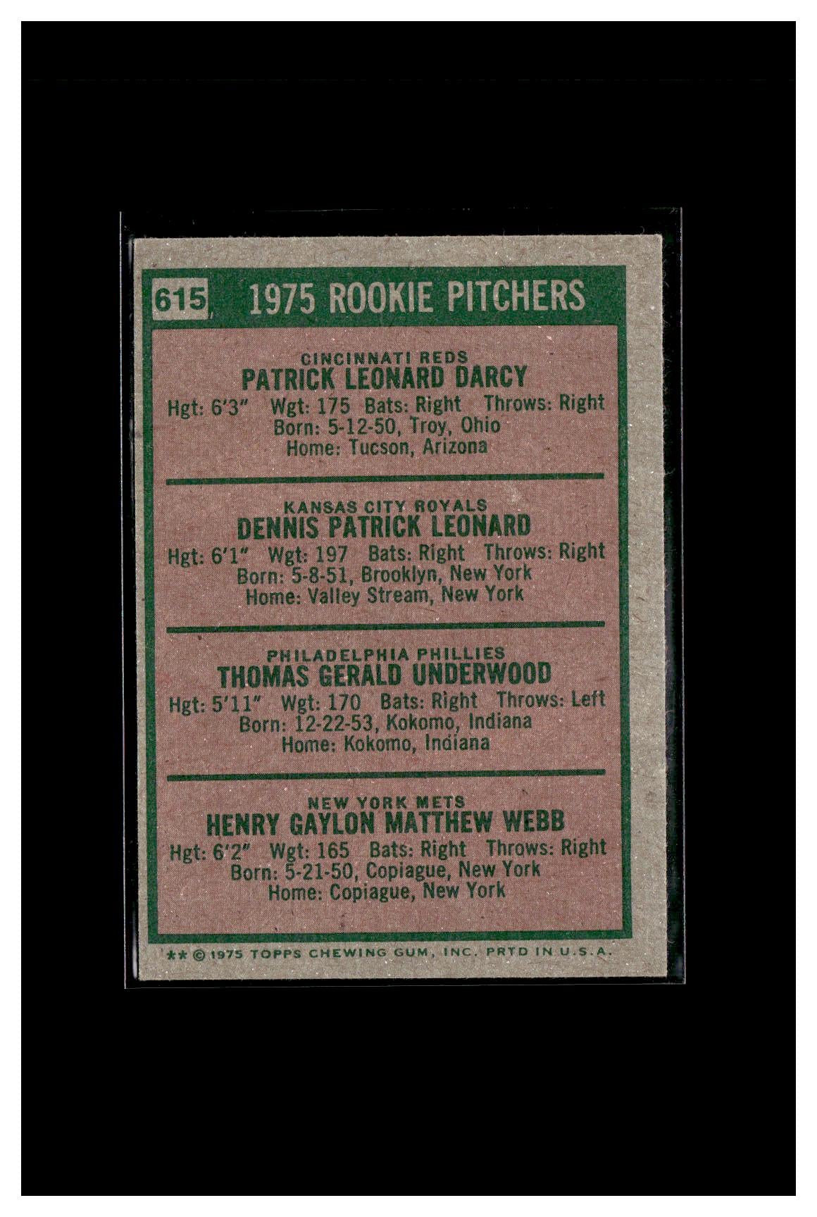 1975 Topps #615 1975 Rookie Pitchers (Pat Darcy / Dennis Leonard / Tom Underwood / Hank Webb)