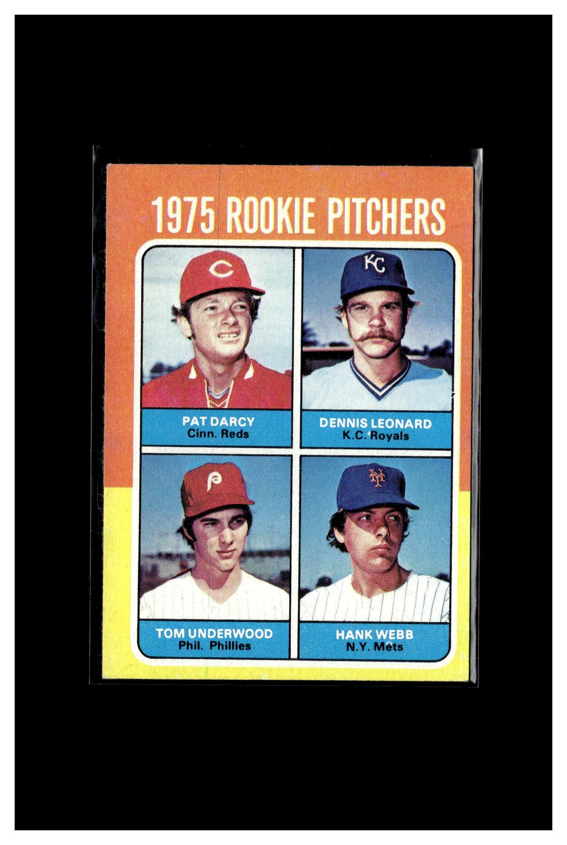 1975 Topps #615 1975 Rookie Pitchers (Pat Darcy / Dennis Leonard / Tom Underwood / Hank Webb)