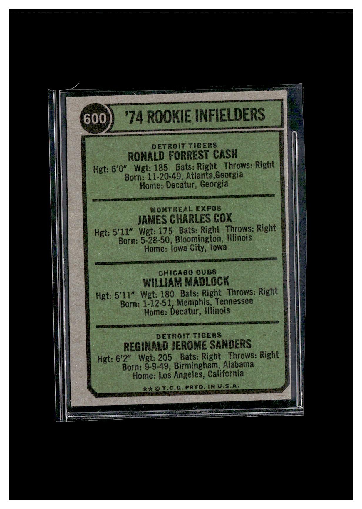 1974 Topps #600 1974 Rookie Infielders (Ron Cash / Jim Cox / Bill Madlock / Reggie Sanders)