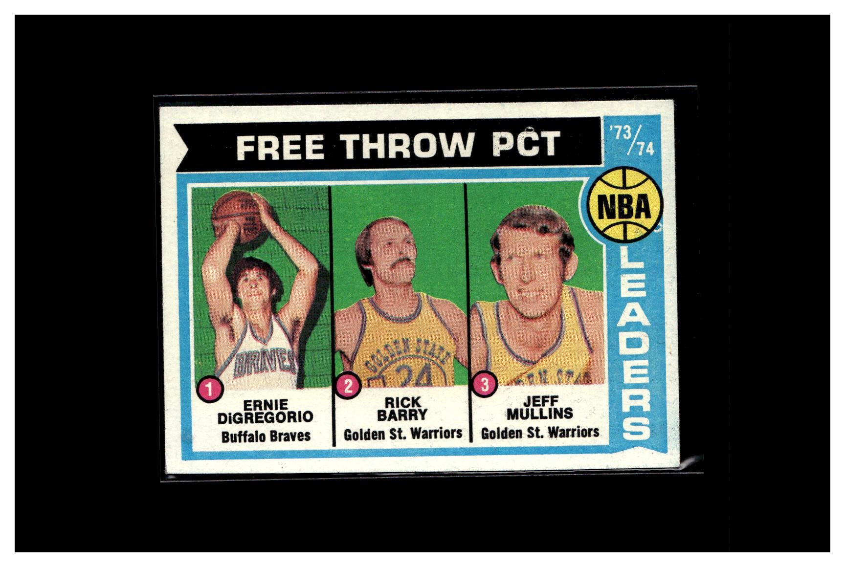 1974-75 Topps #147 NBA '73-'74 Free Throw Pct. Leaders (Ernie Digregorio / Rick Barry / Jeff Mullins)