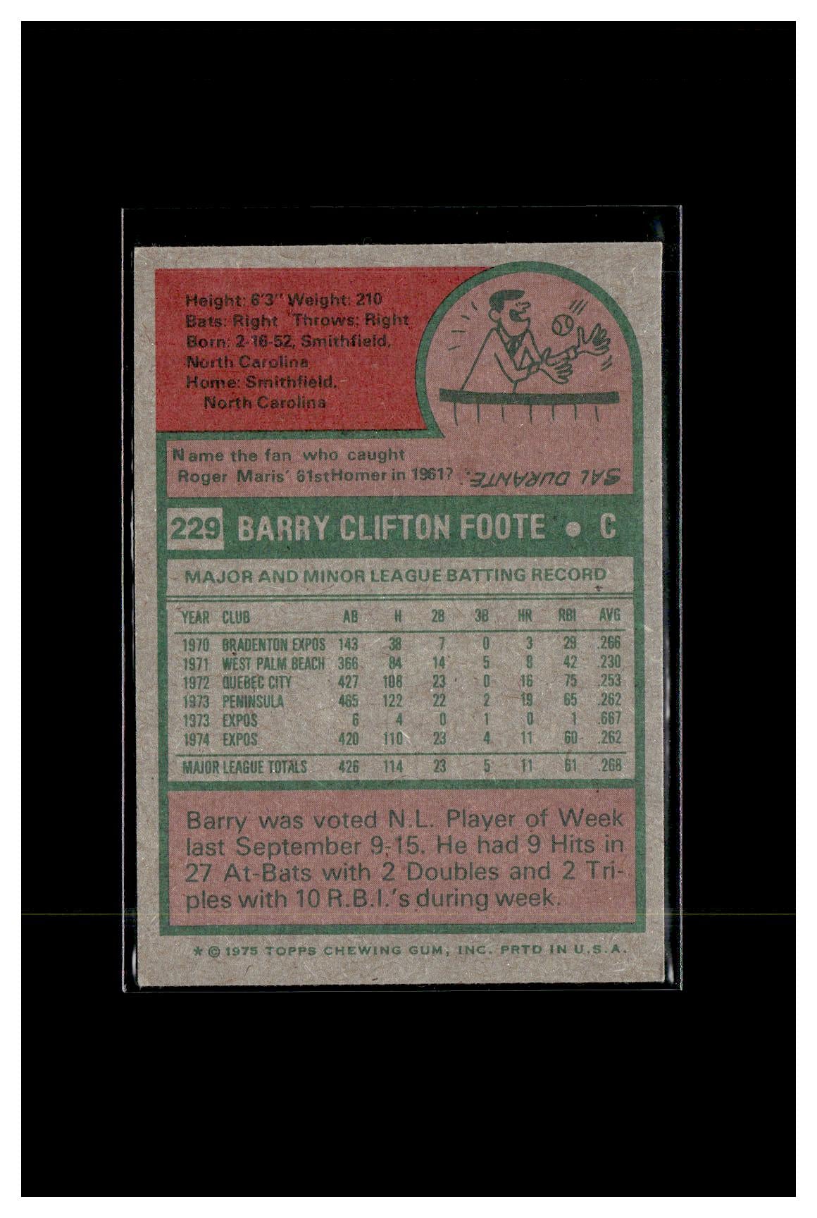 1975 Topps #229 Barry Foote