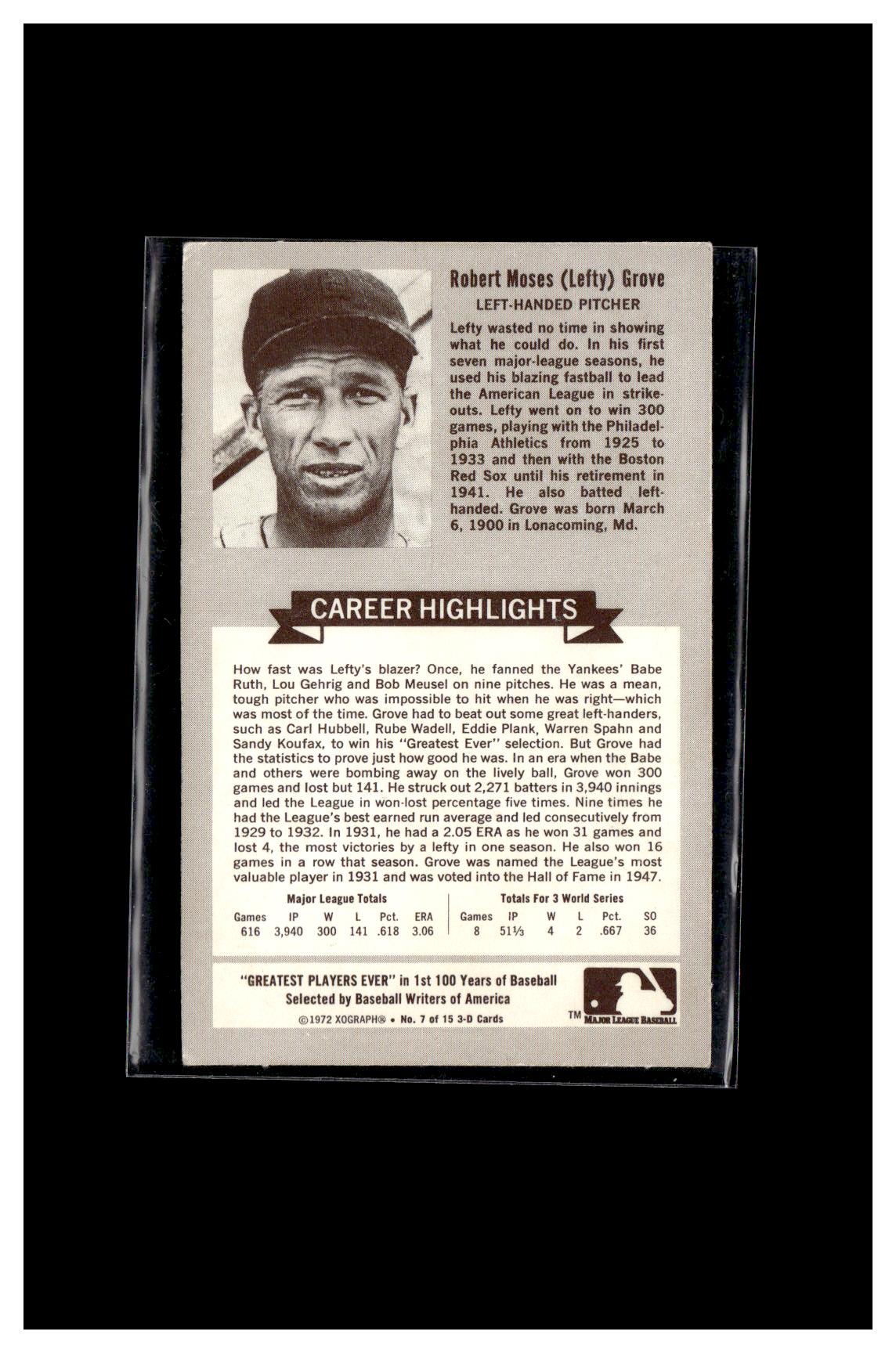 1972 Kellogg's 3-D All-Time Baseball Greats #7 Robert "Lefty" Grove