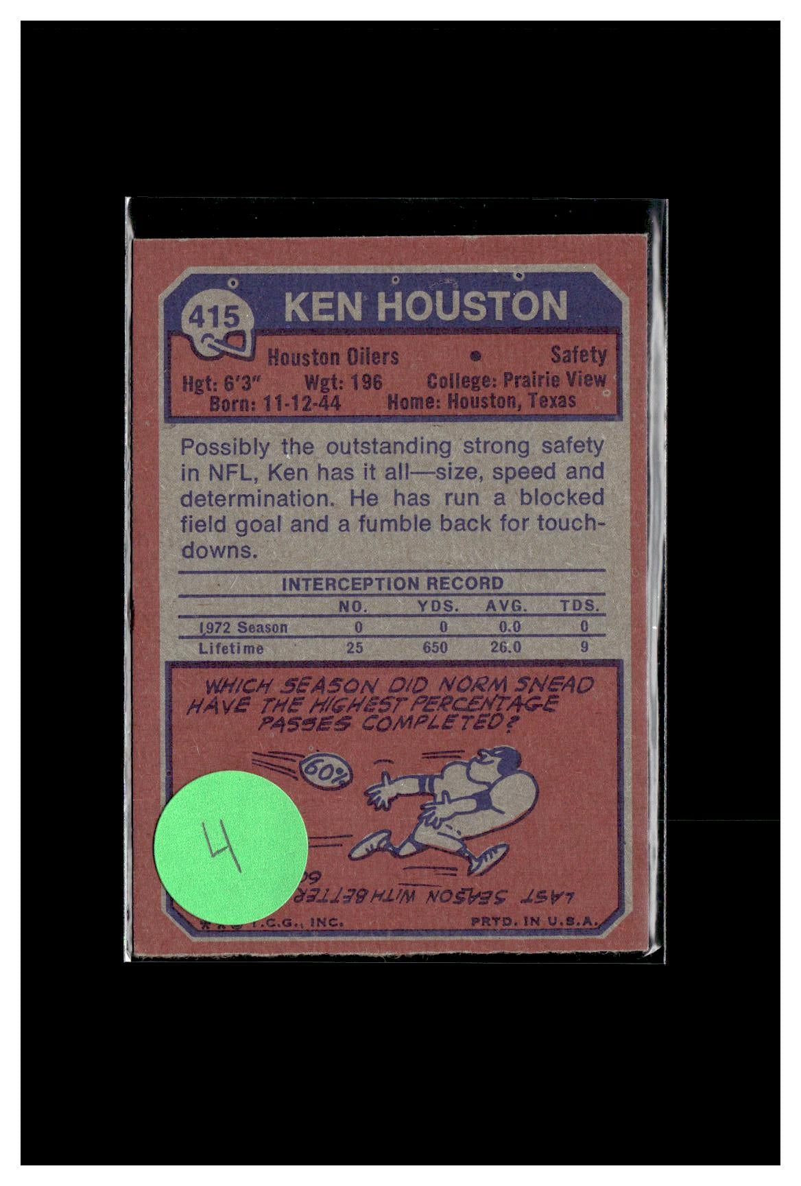 #4 1973 Topps #415 Ken Houston