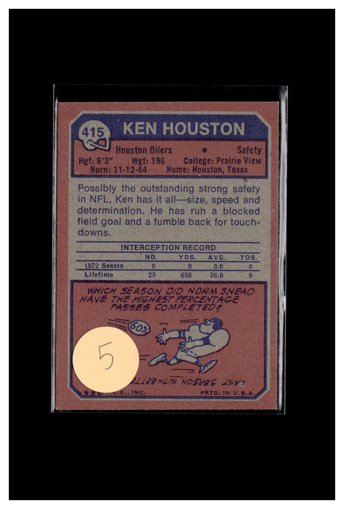 #5 1973 Topps #415 Ken Houston