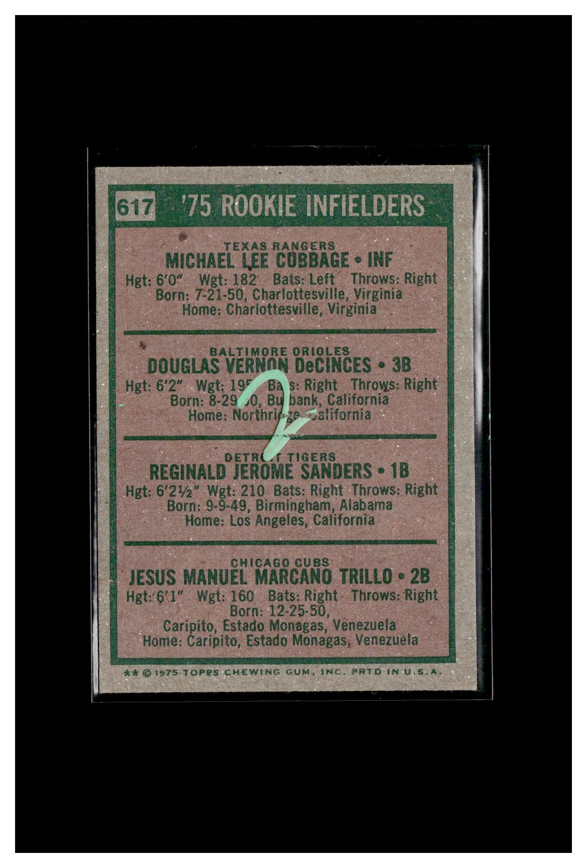 #2 1975 Topps #617 1975 Rookie Infielders (Mike Cubbage / Doug DeCinces / Reggie Sanders / Manny Trillo)