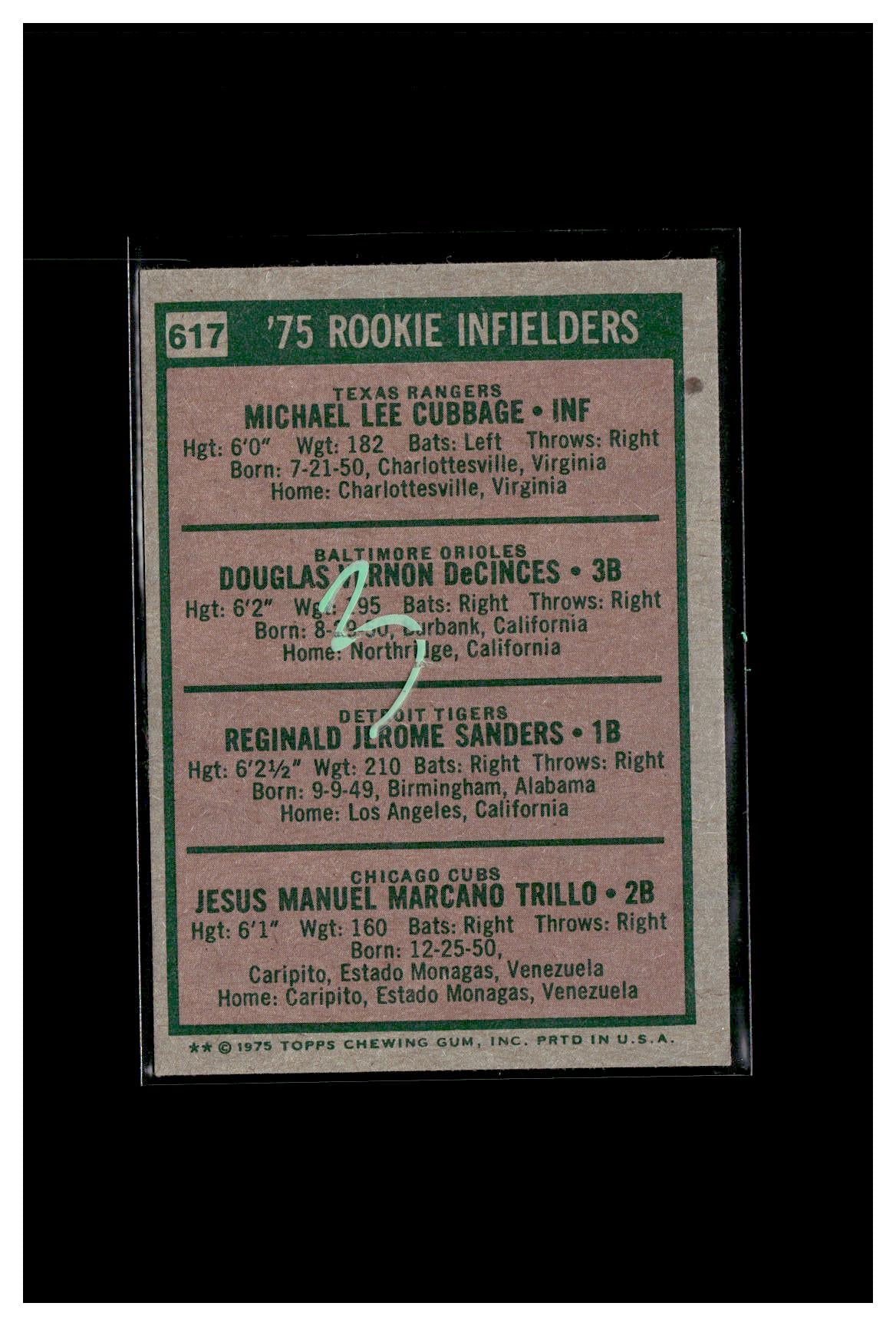 #3 1975 Topps #617 1975 Rookie Infielders (Mike Cubbage / Doug DeCinces / Reggie Sanders / Manny Trillo)