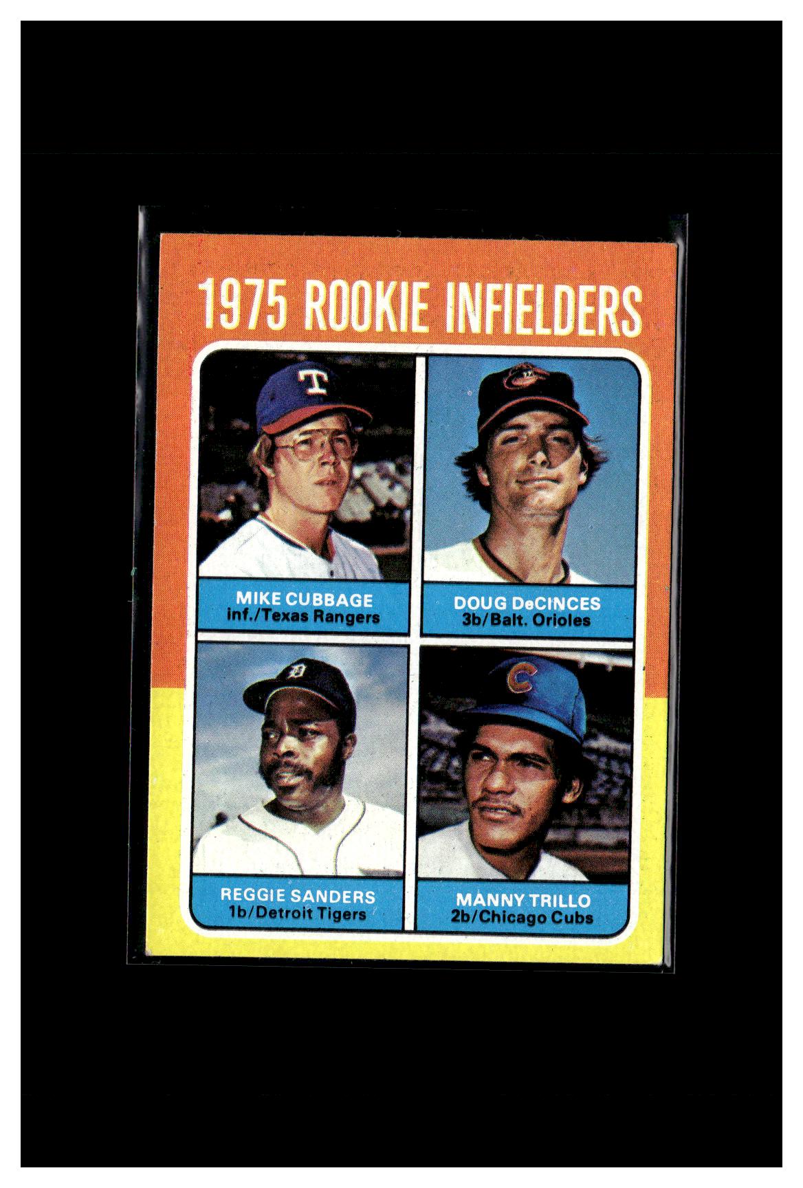 #3 1975 Topps #617 1975 Rookie Infielders (Mike Cubbage / Doug DeCinces / Reggie Sanders / Manny Trillo)