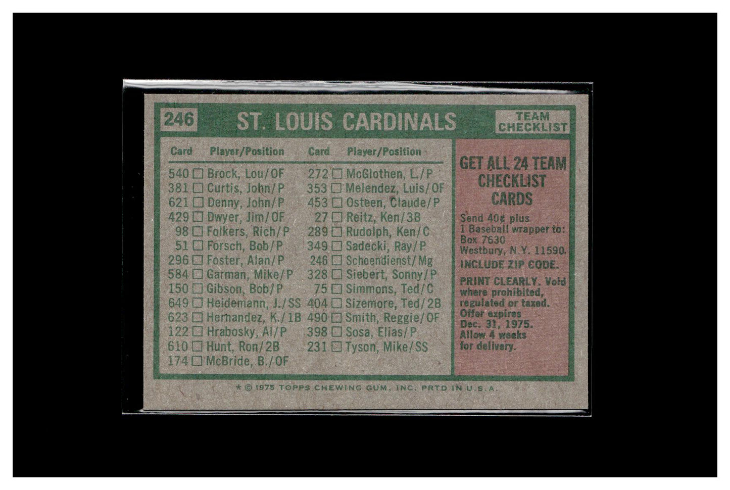 1975 Topps #246 St. Louis Cardinals / Red Schoendienst