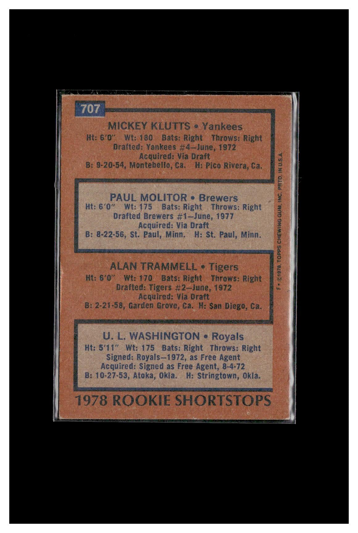 1978 Topps #707 1978 Rookie Shortstops (Mickey Klutts / Paul Molitor / Alan Trammell / U.L. Washington)